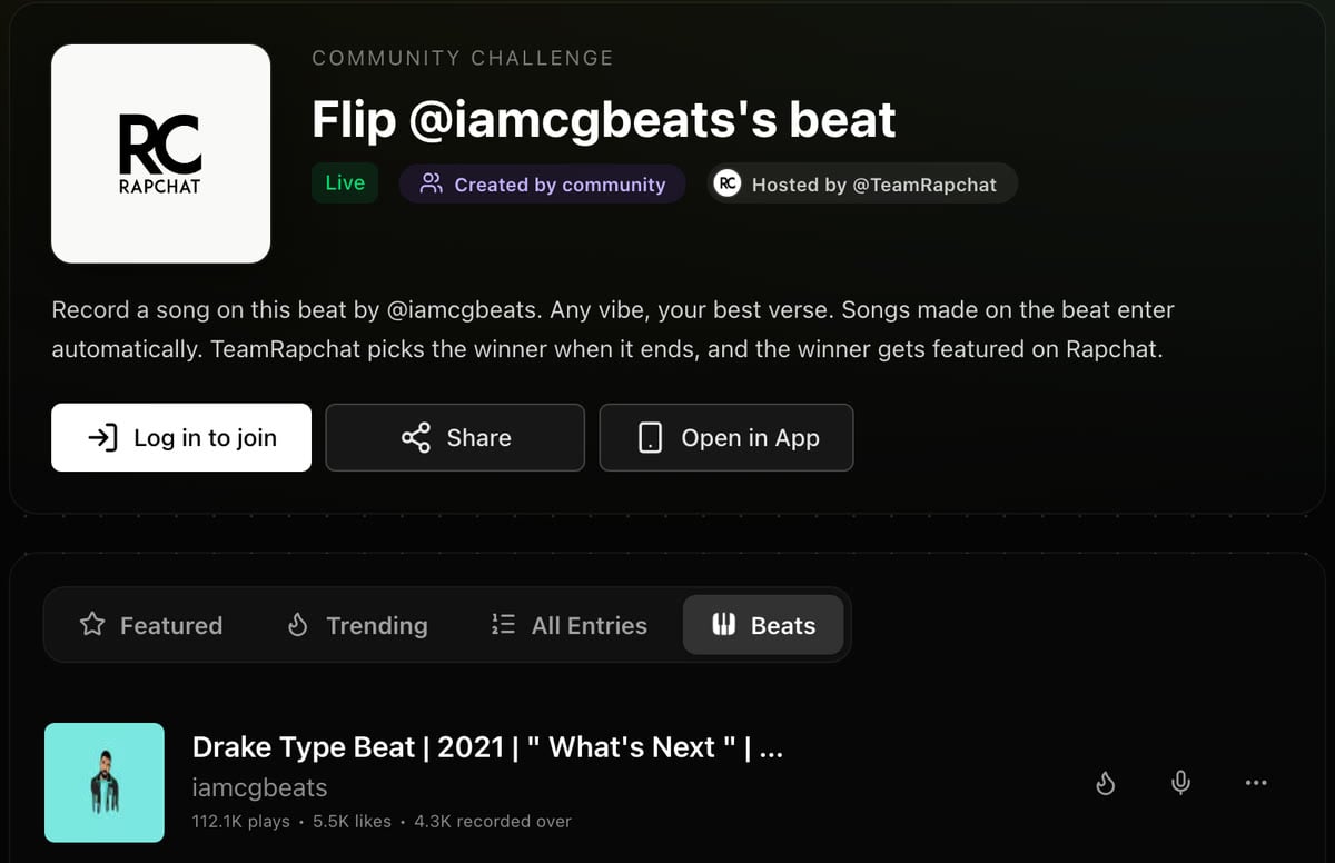 The live "Flip @iamcgbeats's beat" community challenge on Rapchat.
